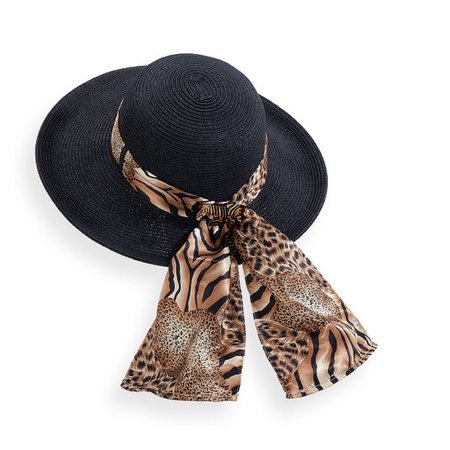 Black Straw Sun Hat With Cheetah Print Safari Ribbon | Uno Alla Volta