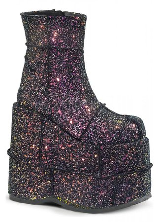 Demonia Stack 201 Black Glitter Platform Ankle Boots