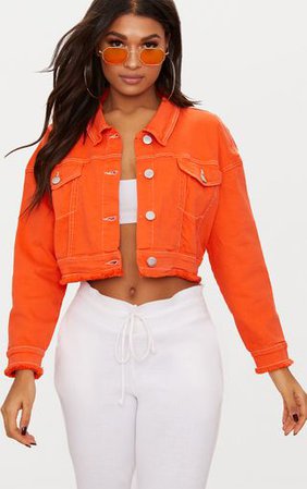 Bright Orange Cropped Denim Jacket | Denim | PrettyLittleThing