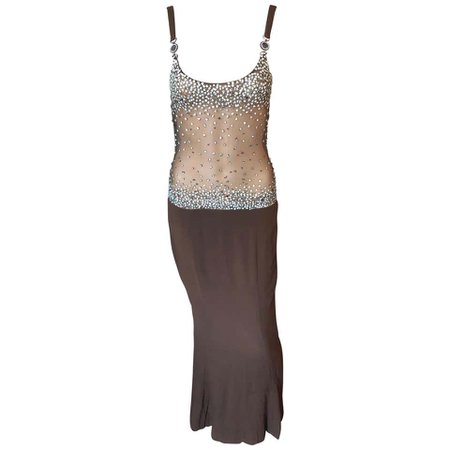 Gianni Versace FW 1996 Runway Vintage Embellished Sheer Brown Evening Dress Gown For Sale at 1stdibs