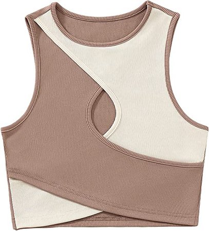 SheIn Women's Color Block Cut Out Crop Tank Top Round Neck Sleeveless Crop Tops Beige and Brown Medium at Amazon Women’s Clothing store