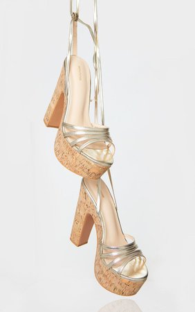 Gold Multi Strappy Ankle Tie Cork Platform Heeled Wedge Sandals | PrettyLittleThing USA