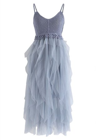 Knit Ruffled Mesh Cami Dress in Blue - Retro, Indie and Unique Fashion