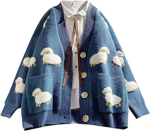 Women Long Sleeve Knit Loose Cardigan Cartoon Sheep V-Neck Button Sweater Open Front Knit Coat (Blue,One Size) at Amazon Women’s Clothing store