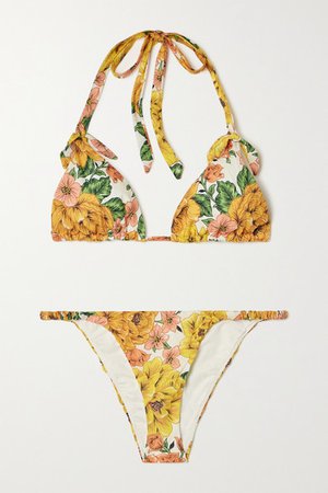 Poppy Floral-print Cotton Triangle Halterneck Bikini - Yellow