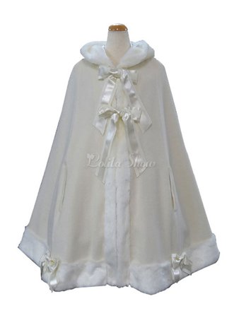 Classic Lolita Hooded Cloak Wool Bows White Lolita Winter Poncho Coat - Lolitashow.com