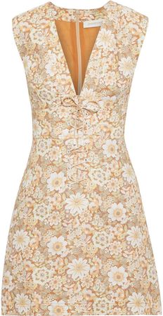 Zippy Lace-up Floral-print Linen Mini Dress
