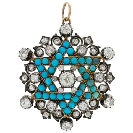 Victorian 15-18k Yellow Gold, Silver, Diamond and Persian Turquoise Star of David For Sale at 1stDibs