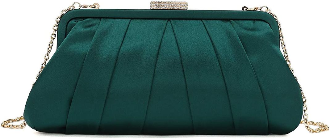 CHARMING TAILOR Classic Pleated Satin Clutch Bag Diamante Embellished Formal Handbag for Wedding/Prom/Black-Tie Events (Emerald Green): Handbags: Amazon.com
