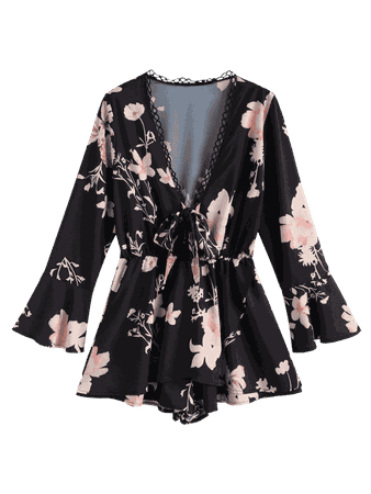 Flower Print Flare Sleeve Romper BLACK: Jumpsuits & Rompers M | ZAFUL