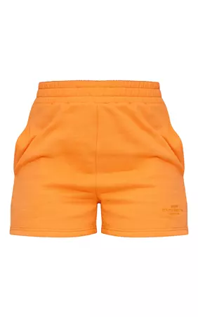 Recycled Bright Orange Slogan Sweat Shorts | PrettyLittleThing USA