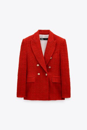 Zara Textured Double-Breasted Long Blazer in Red — UFO No More