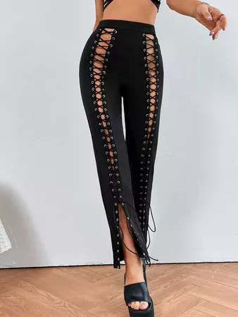 High Waist Grommet Lace Up Front Pants | SHEIN USA