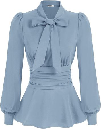GRACE KARIN SoliWomen's Office Bow Tie Blouse Puff Sleeve Peplum Dressy Shirt Smocked Waist Navy Blue at Amazon Women’s Clothing store