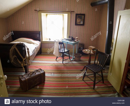Bedroom in Upper Canada Village house. Old upstairs bedrooms in a Stock Photo: 75494171 - Alamy