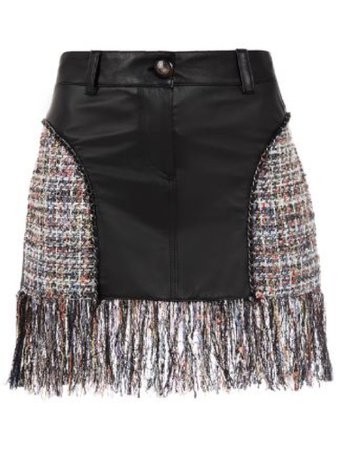 Tweed Leather Frayed Hem Skirt