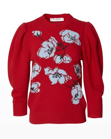 Carolina Herrera Embroidered Poppy Puff-Sleeve Cashmere Sweater | Neiman Marcus