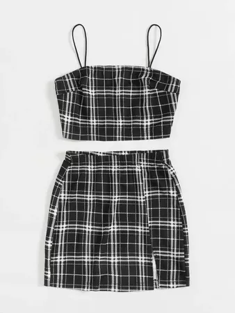 Tartan Cami Top & Split Hem Skirt Set | SHEIN USA