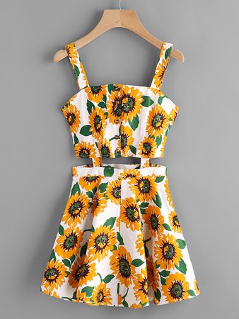 Sunflower Print Random Single Breasted Cut Out Dress