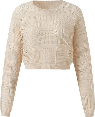 AMSTERDAM ACRYLIC Women Crew Neck Long Sleeve Hollow Out Crochet Sweater Crop Knit Pullover(Medium, Apricot) at Amazon Women’s Clothing store