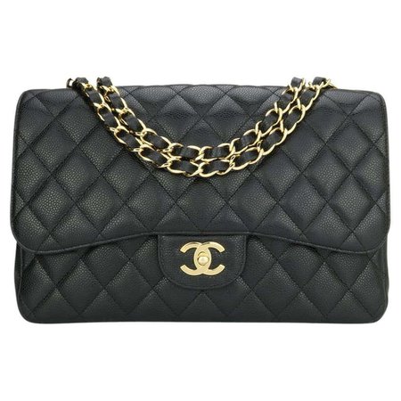 CHANEL Single Flap Jumbo Bag Black Caviar with 24k Gold Plated Hardware 2007 For Sale at 1stDibs