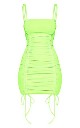 Neon Lime Ruched Front Strappy Bodycon Dress | PrettyLittleThing