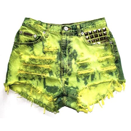 neon green distressed studded denim shorts