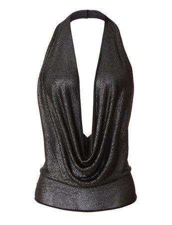 Lightweight Shiny Metallic Sexy Low Cut Halter Top with Stretch | LE3NO black