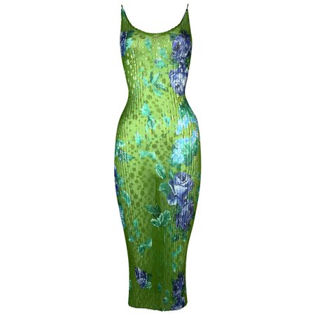 *clipped by @luci-her* F/W 2000 Dolce and Gabbana Runway Sheer Green Floral Pleated Bodycon Dress For Sale at 1stDibs