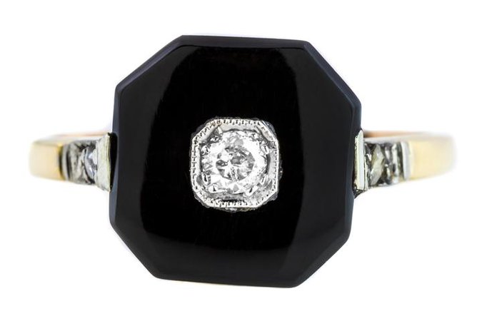 Art Deco 18ct Gold Onyx and Diamond Square Panel Ring (0.15ct) – Lillicoco