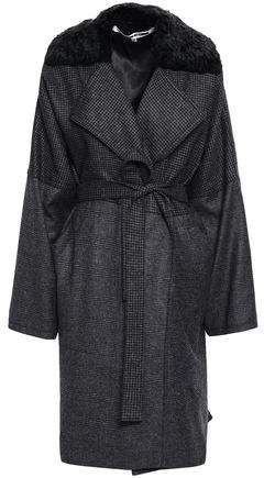 Belted Faux Fur-trimmed Printed Wool Coat