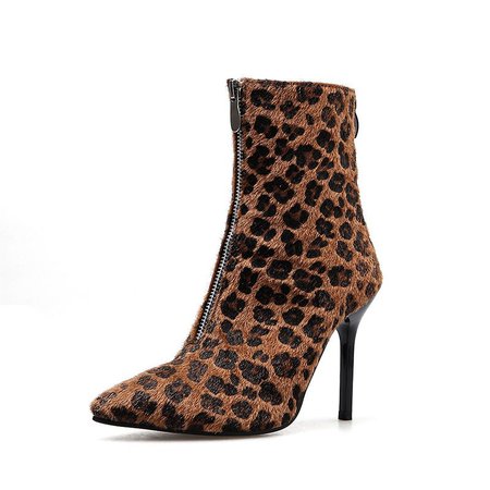 winter new pointed toe zipper rivet leopard print stiletto women's Martin boots