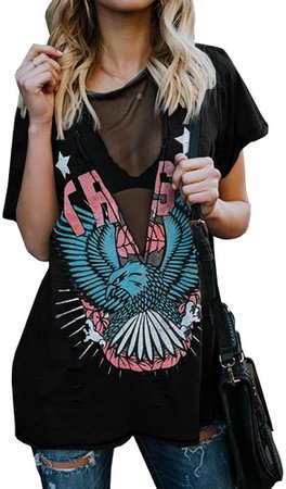 Womens Short Sleeve Graphic Tees Distressed Hawk Print Mesh V Neck Loose Sexy T-Shirt Tops Blouse Black at Amazon Women’s Clothing store