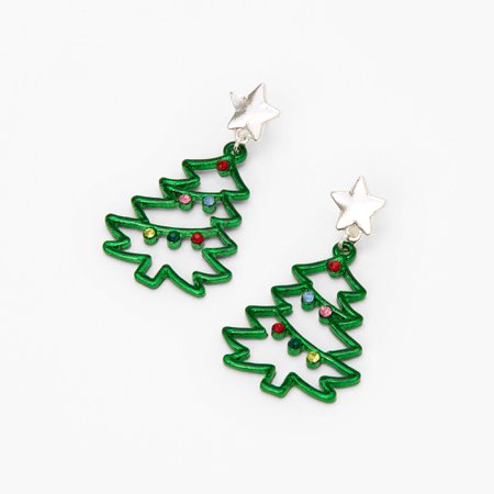 Silver 1" Christmas Tree Drop Earrings - Green | Claire's US