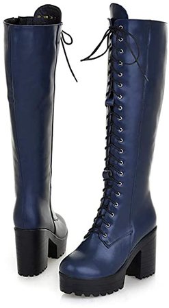 Amazon.com | MFairy Women's Lace-up Strappy Knee High Combat Stacked Heel Boot Chunky Heel Platform Shoes Navy Blue 9 | Knee-High