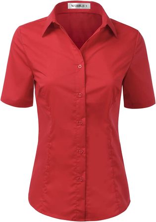 DOUBLJU Womens Short Sleeve Button Down Collar Shirts Slim Fit Basic Stretchy Blouse Tops with Plus Size(S-3X) Red at Amazon Women’s Clothing store