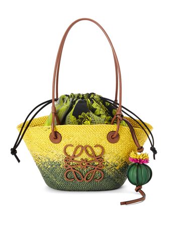 Loewe Small Anagram Basket bag in iraca palm and calfskin Khaki Green/Yellow - LOEWE