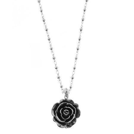 2028 Silver-Tone Black Enamel Flower Necklace