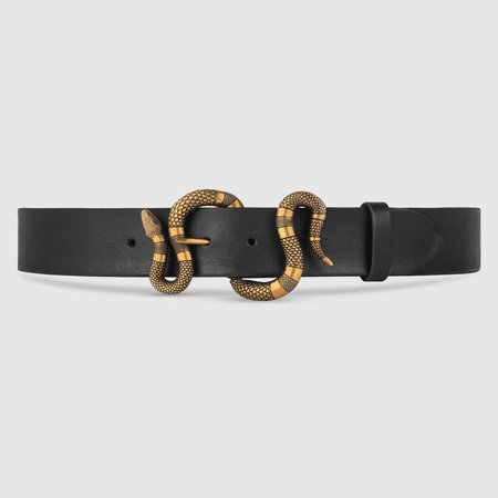 Black Leather Leather belt with snake buckle | GUCCI® US
