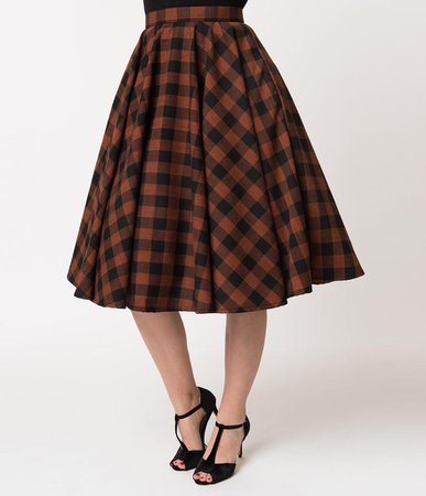 Vintage Style Brown & Black Plaid Cotton Circle Swing Skirt – Unique Vintage