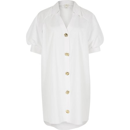 White short puff sleeve mini shirt dress | River Island