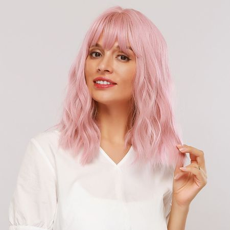 Light Pink Wig Shoulder Length Water Wave Bobs style Synthetic Wig With Fringe Heat Resistant Hair Wig Cosplay Halloween Dress Party Wigs