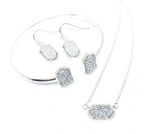 Amazon.com: Inspired Fashion Jewelry Oval Pendant Diamond Dust Drusy Necklace, Earrings and Bracelet in Silver or Gold Metal Tone: Jewelry