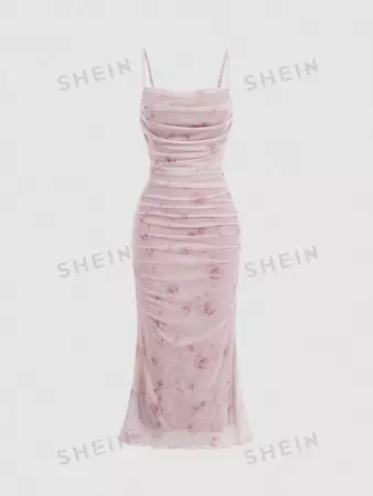 SHEIN MOD Summer Pink Floral Print Ruched Mesh Cami Long Dress | SHEIN