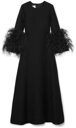 Feather-trimmed Wool And Silk-blend Maxi Dress - Black
