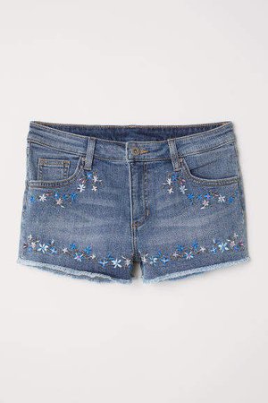 Embroidered Denim Shorts - Blue