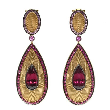 Ruby Pink Sapphire Rhodolite Garnet 18 Karat Yellow Gold Classical Earrings by Mousson Atelier