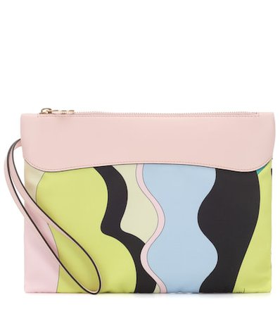 Leather-trimmed printed clutch