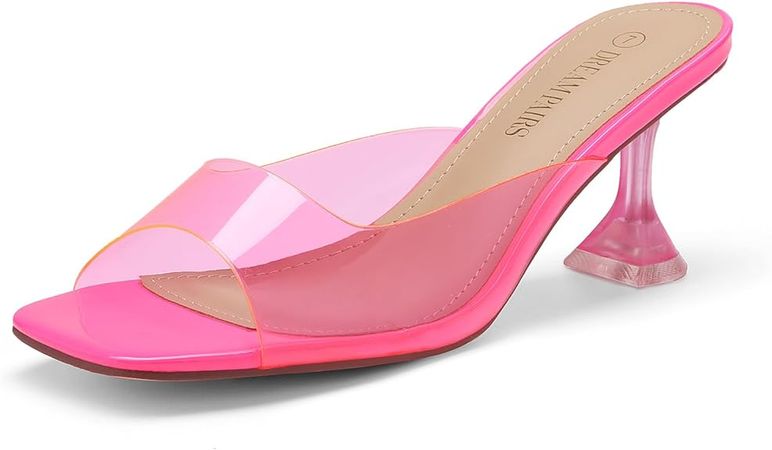 Amazon.com | DREAM PAIRS Women’s Clear Heels Square Toe High Stiletto Mules Slip on Wedding Dress Heel Sandals,Size 11,Neon Pink Clear,DHS215-1 | Heeled Sandals