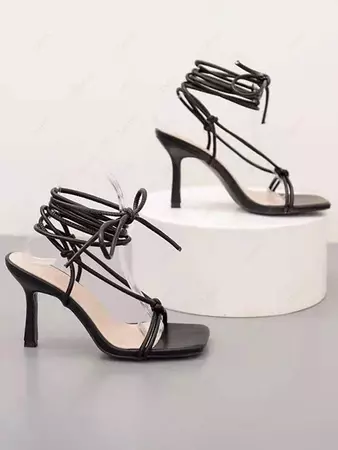 Lace Up Knotted Square Toe Sandals In BLACK | ZAFUL 2024